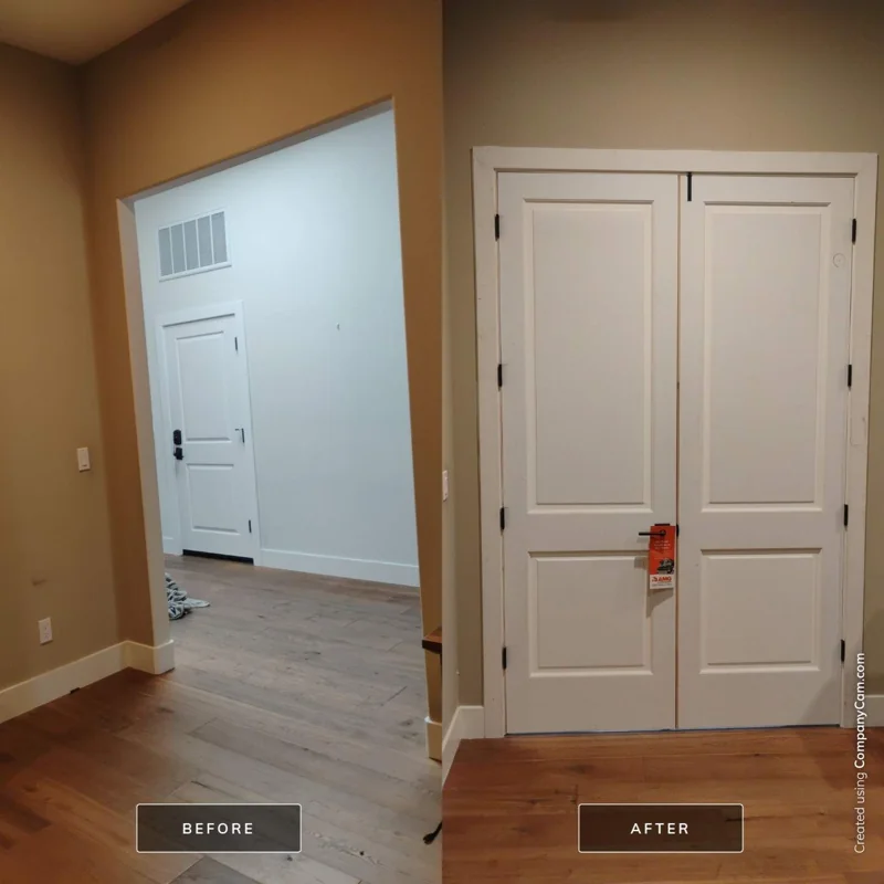 Real AMG interior door replacement — before and after transformation showing open doorway converted to completed double interior doors