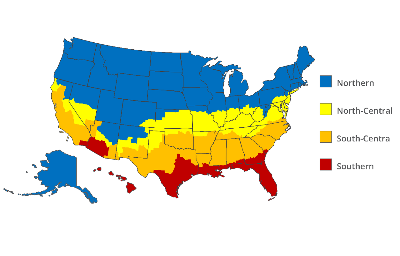 ENERGY STAR climate zone map showing Northern, North-Central, South-Central, and Southern regions across the United States