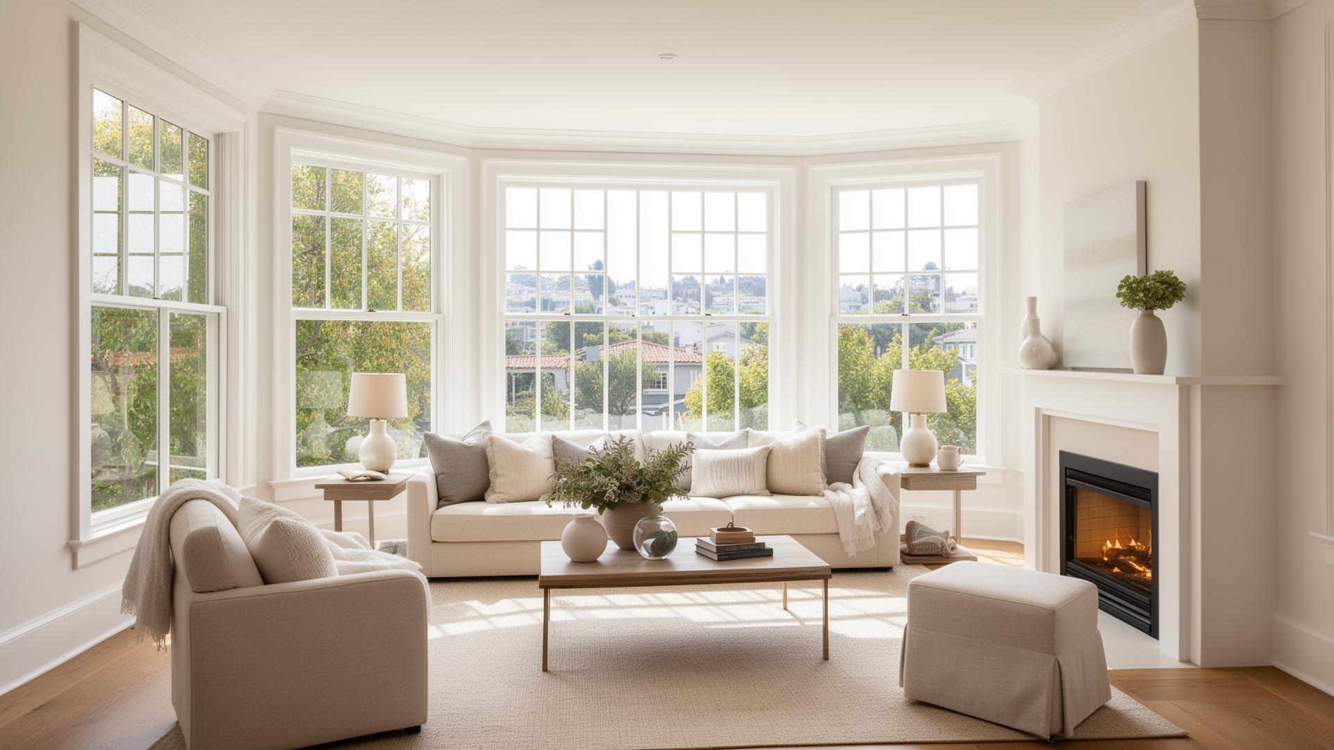 Bright living room with premium replacement windows installed by AMG Doors & Windows
